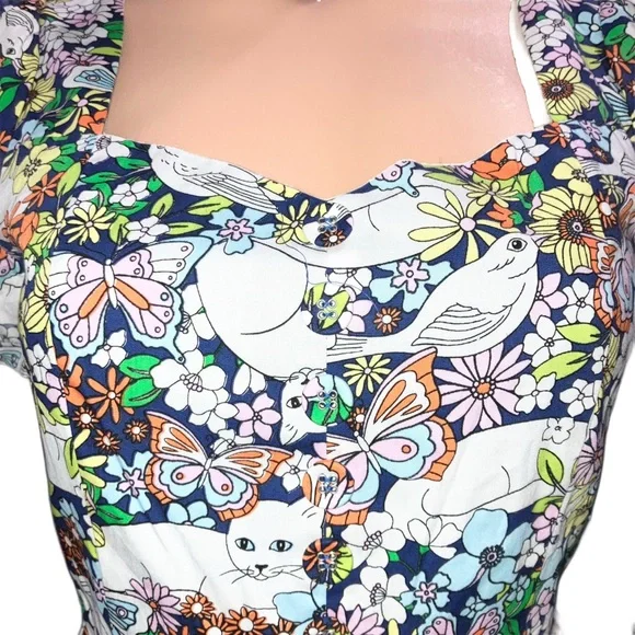 ModCloth Fit & Flare Midi Dress Retro 50s Blue Whimsical Floral Cat Cotton Sz 0 - Picture 7 of 8